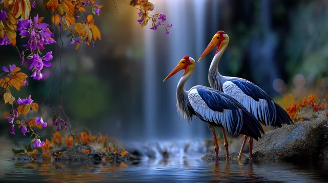 Birds in Love Nature with Waterfall and Flowers