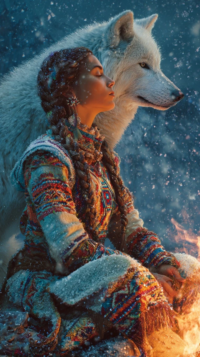 Native American Woman and Wolf Winter Scene