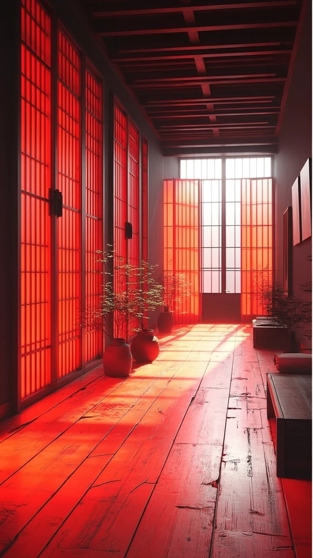 Japanese Hallway Minimalist Design Warm Red Lighting