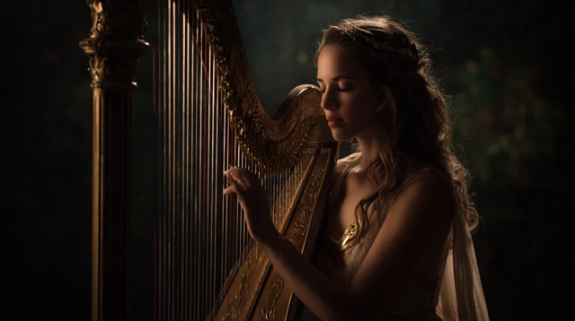 Ethereal Nymph Playing Harp Chiaroscuro Photography