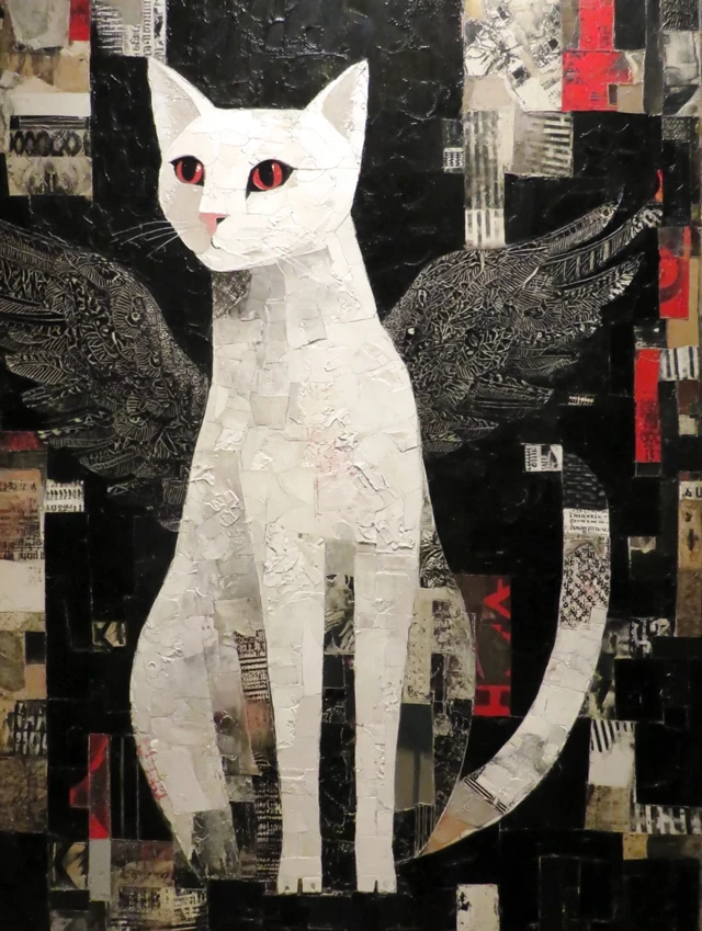 Winged Cat Dada Surrealism Black White Crimson