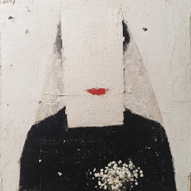 Minimalist Portrait Woman Lace Veil Red Lips