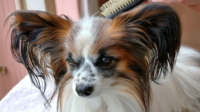 Papillon Dog Portrait Grooming Session Close Up