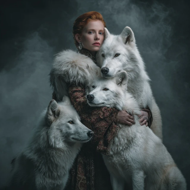 Woman Embracing Snow Wolves Cinematic Photo