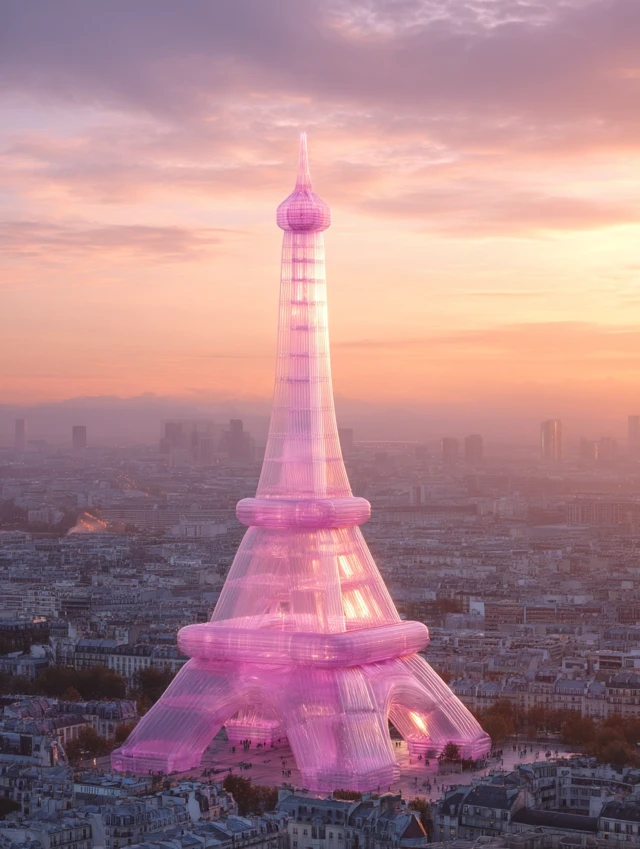 Futuristic Eiffel Tower Pink Inflatable Paris Sunset
