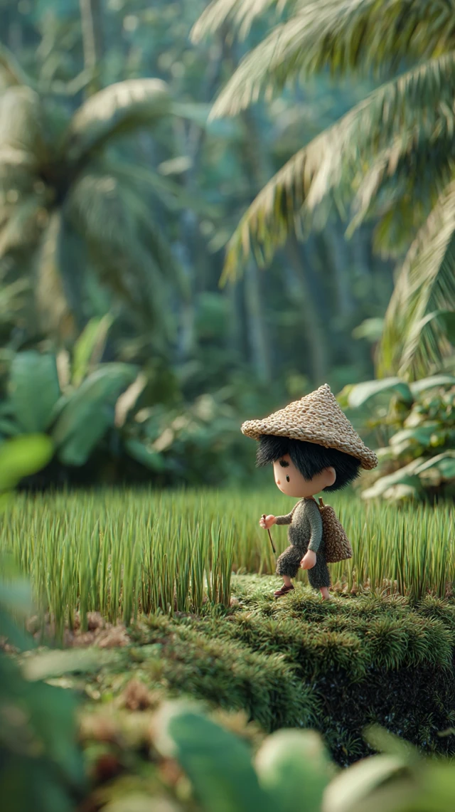 Pixar Style Chibi Farmer in Rice Field 3D Illustration