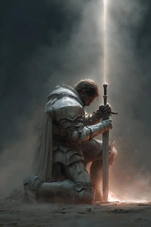 Heroic Knight with Glowing Sword on Battlefield