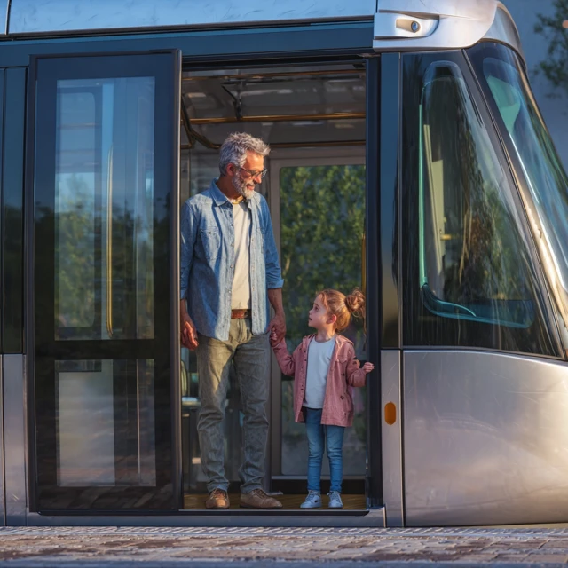 Father and Daughter on a Modern Tram 4K
