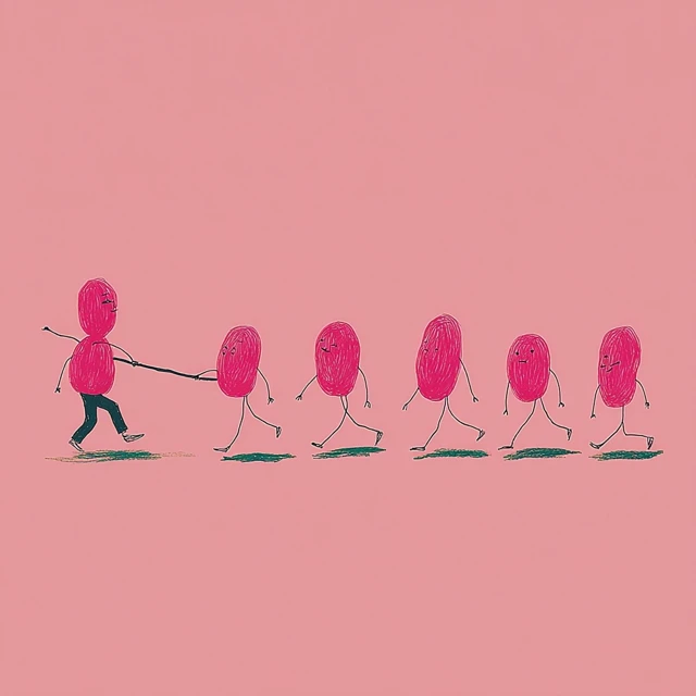 Anthropomorphic Pink Peanuts Walking with Stick