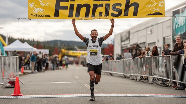 Runner Crossing Finish Line Triumphantly