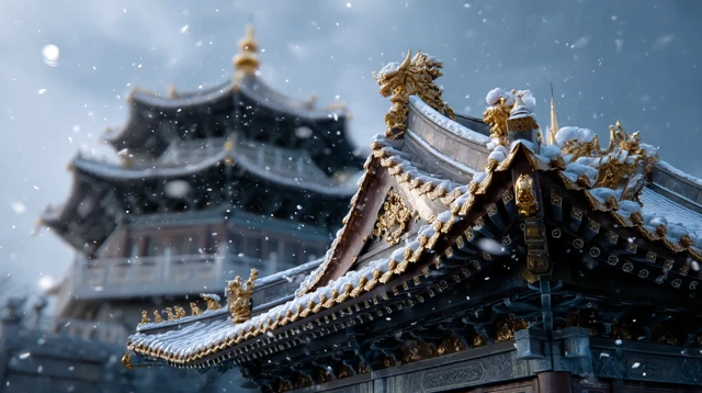 Snowy Palace Eaves Gilded in Gold