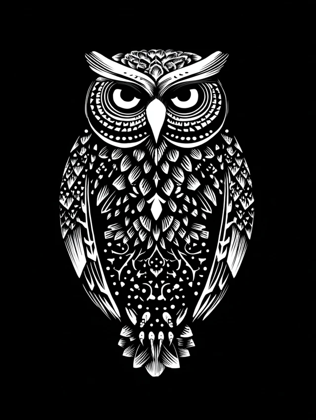 Symmetrical Owl Linocut Black and White Vector Art