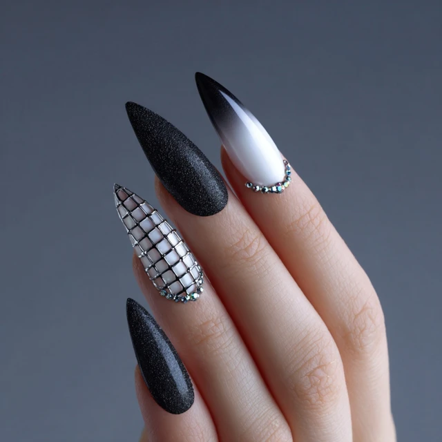 Sharp Nail Design Matte Black Pearl White Gradient