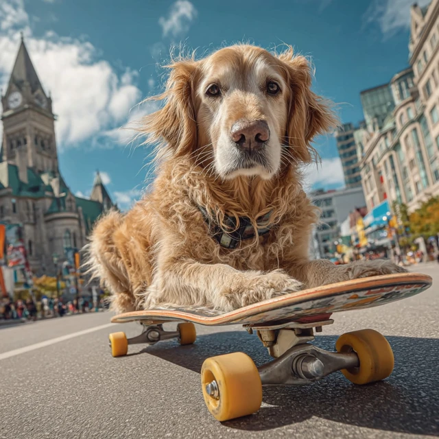 Golden Retriever Dog Skateboarding City Street
