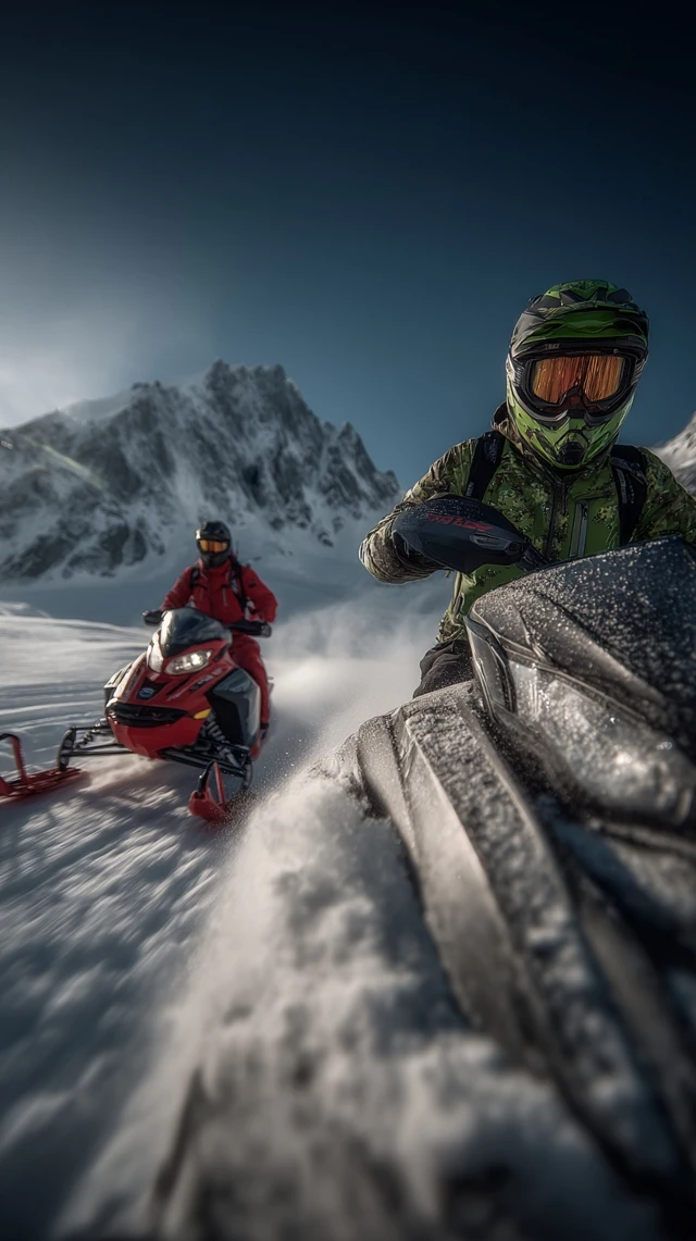Snowmobiles in the Mountains Action Shot