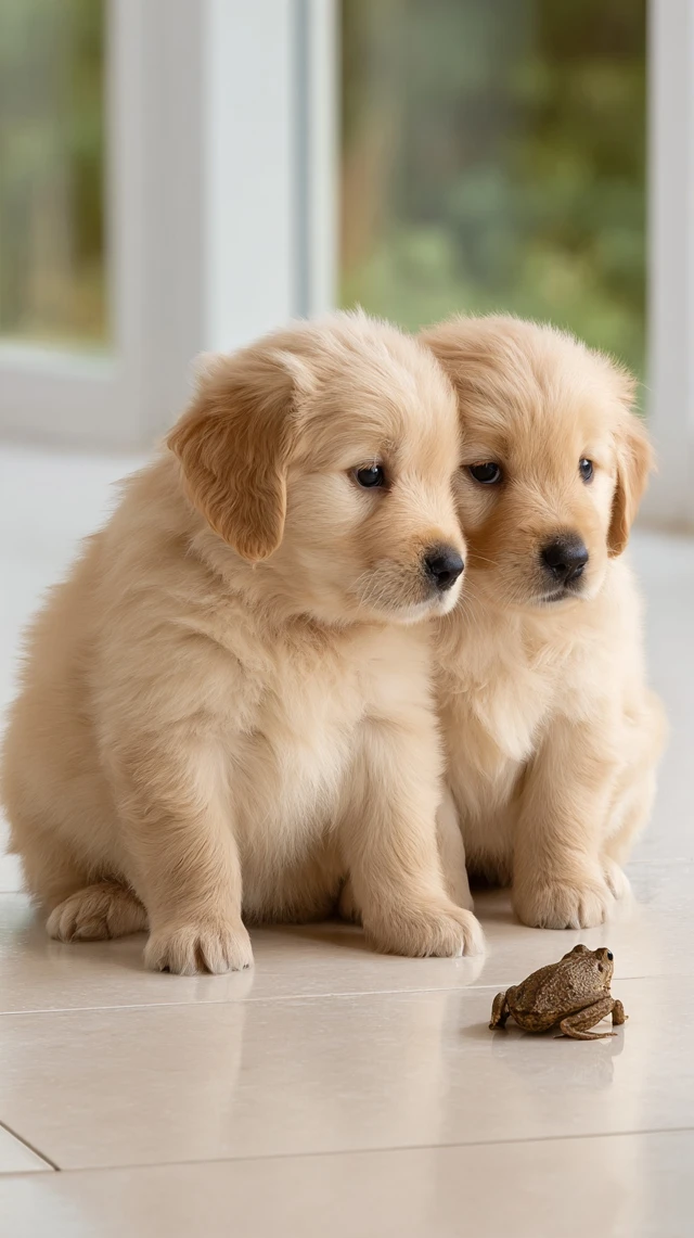 Golden Retriever Puppies and a Frog