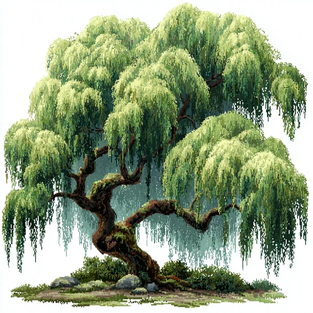 Pixel Art Weeping Willow Tree Isolated on White