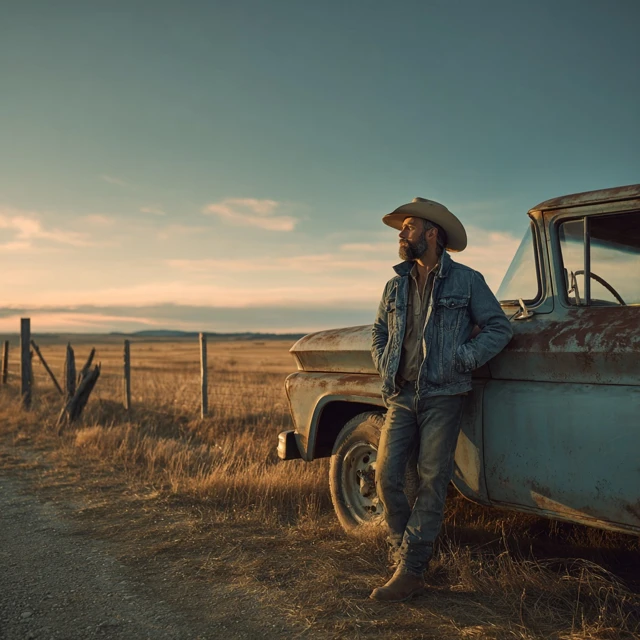 Country Singer Portrait With Vintage Truck Golden Hour