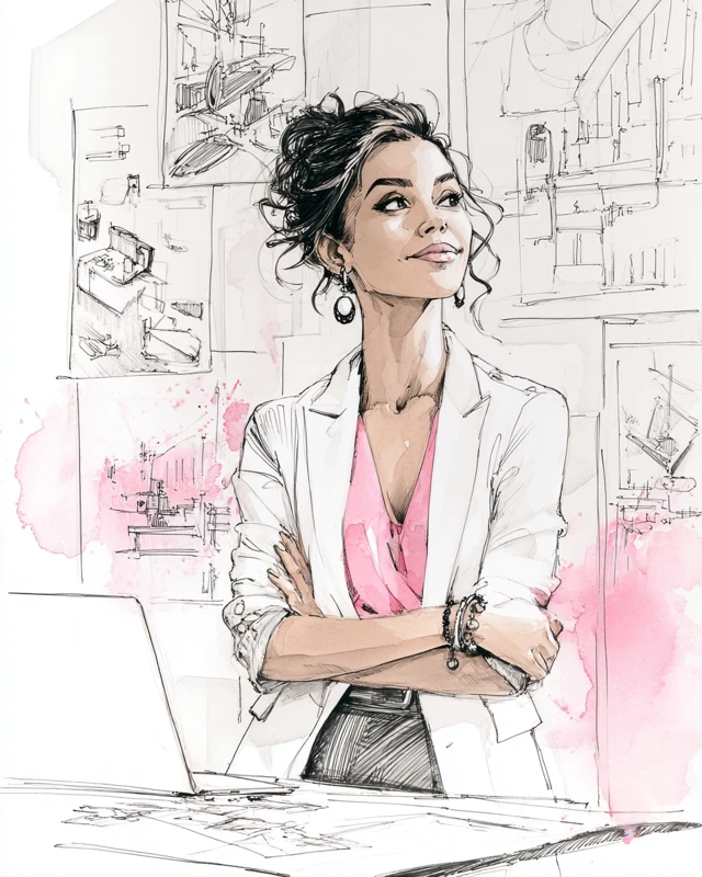 Architect Woman Black and White Sketch Watercolor