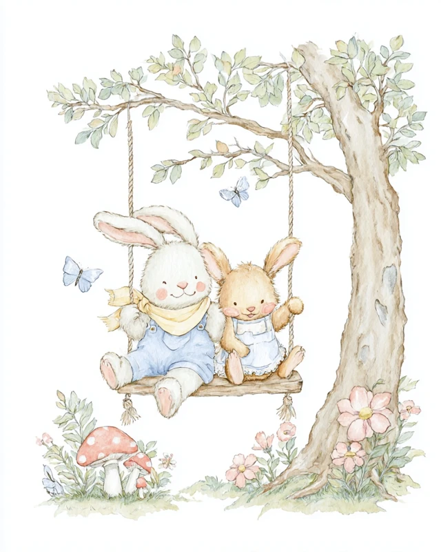 Bunny and Squirrel on a Swing Watercolor Illustration