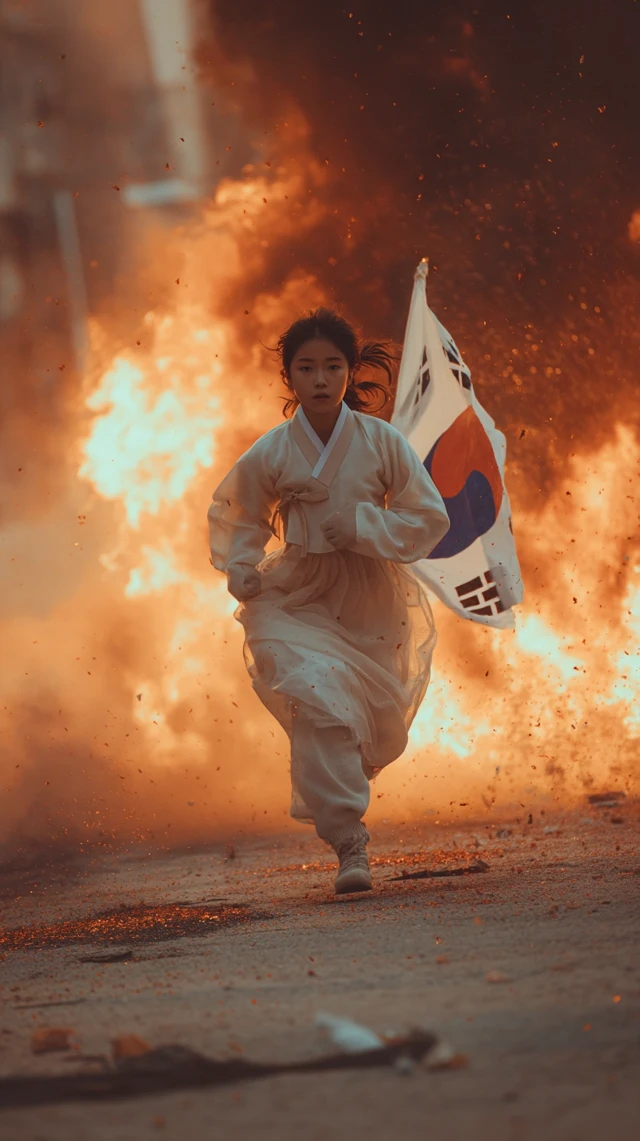 Korean Girl Hanbok Burning Street Action
