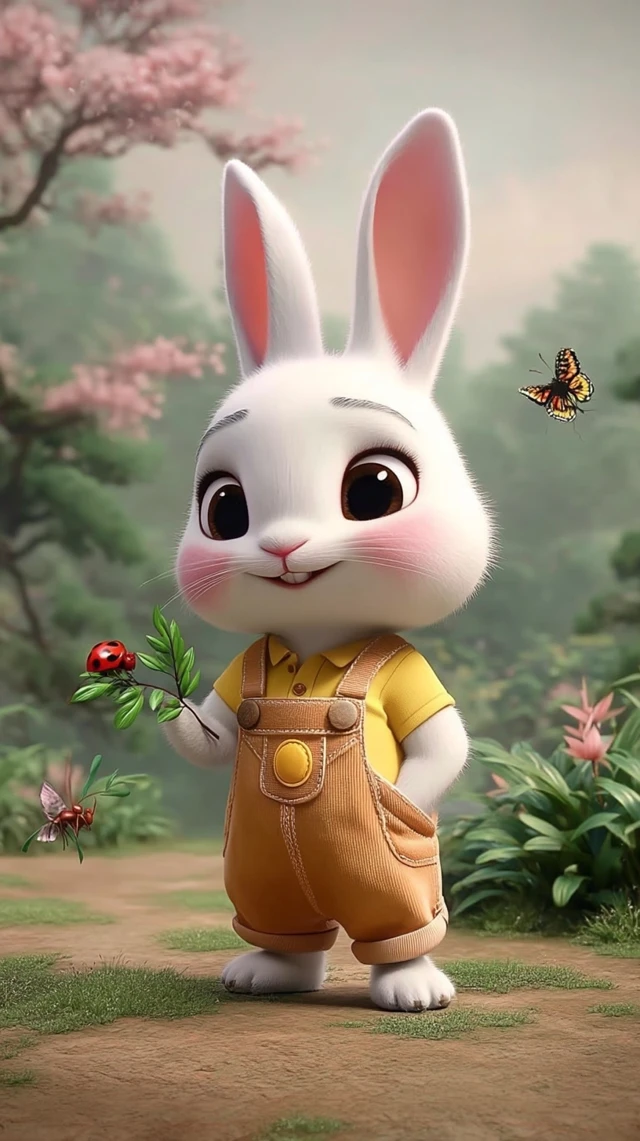 Cute Rabbit with Ant and Ladybug in a Fairy Tale World