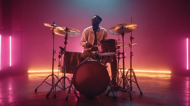 Jazz Drummer in Neon Lights 80s Style