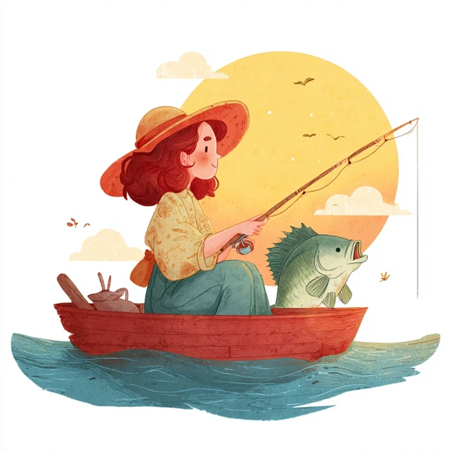 Woman Fishing on Boat Kawaii Illustration