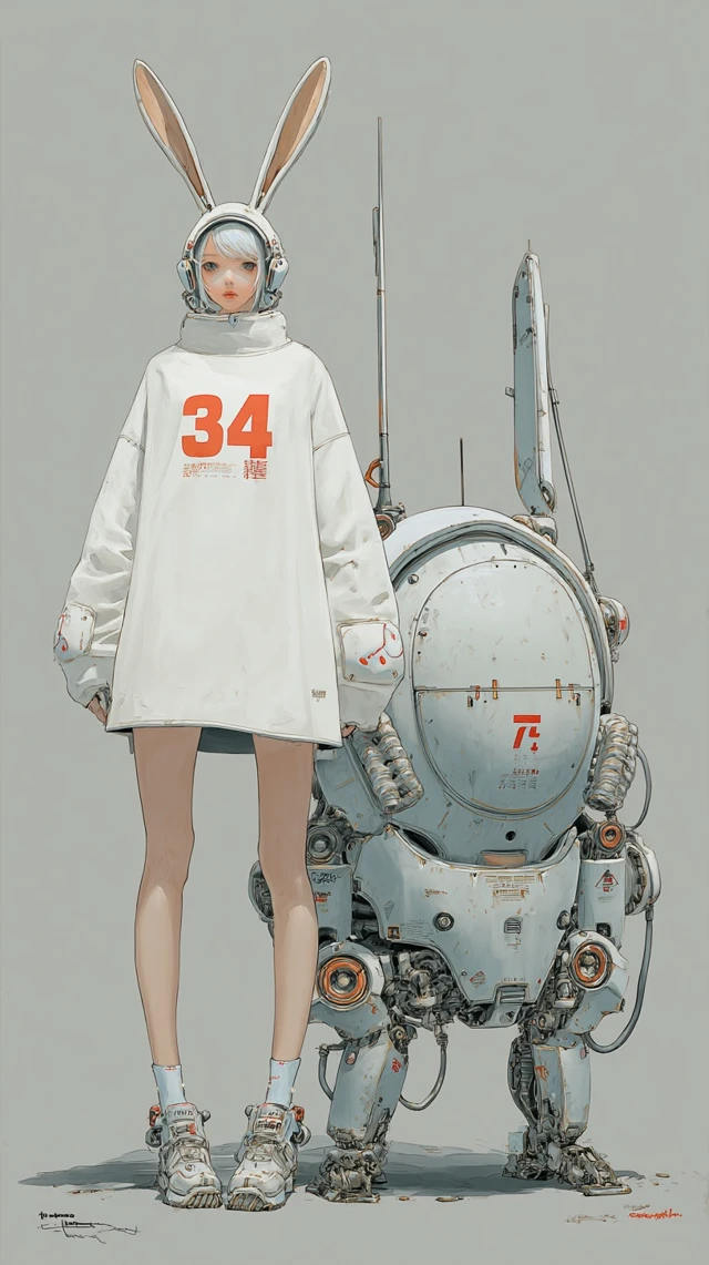 Cyberpunk Girl and Robot Companion Illustration