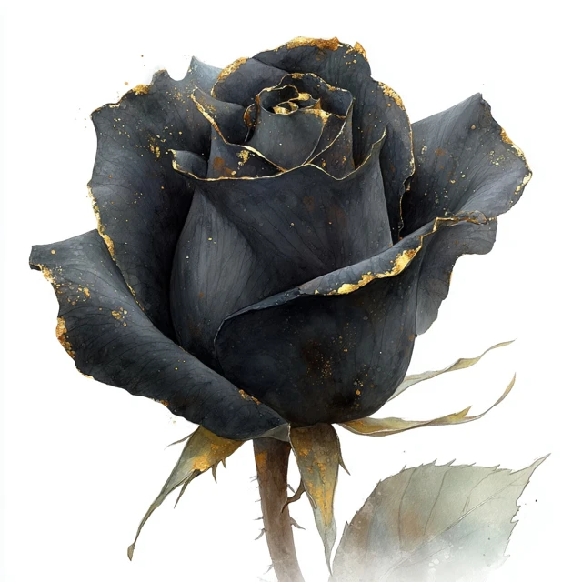 Black Rose with Gold Halloween Floral Illustration