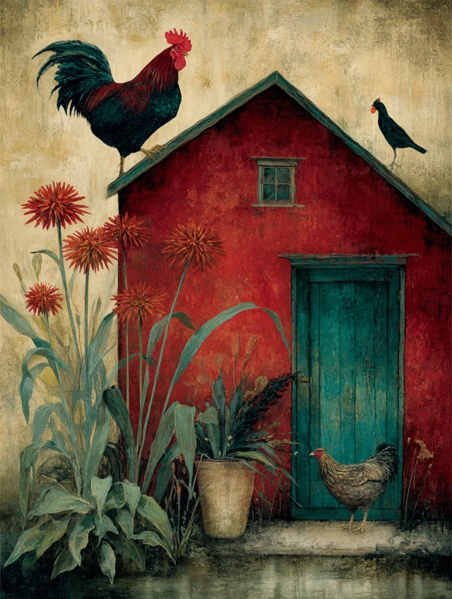 Whimsical Folk Art Farm Life Illustration
