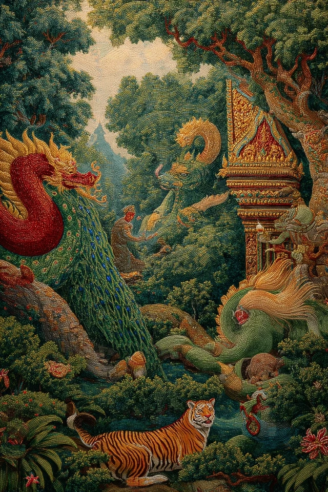 Thai Mural Mythical Creatures Temple Garden Art