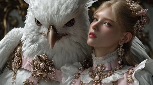 Fantasy Scene: Mythical Magpie and Korean Woman