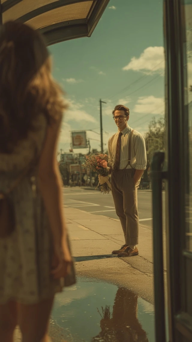 Romantic City Scene Man with Flowers at Bus Stop