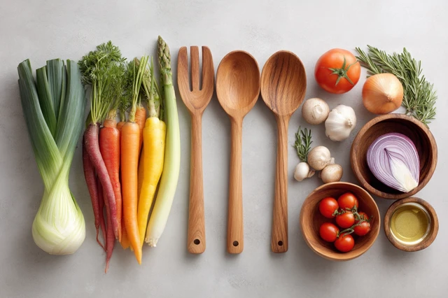 Fresh Vegetables and Cooking Tools Flat Lay