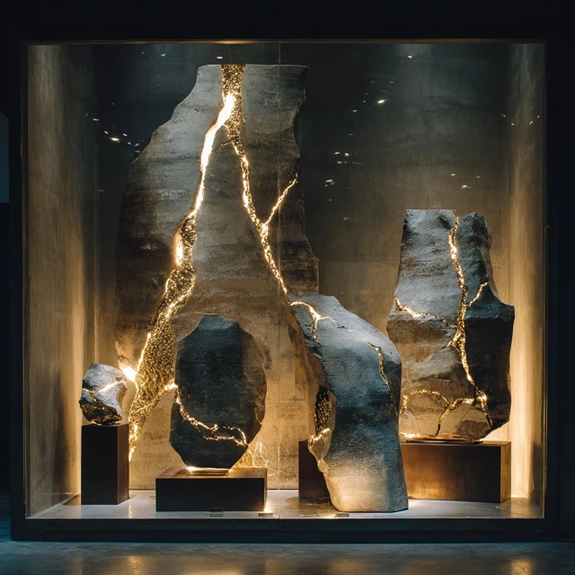 Kintsugi Sculptures in a Museum Art Exhibition