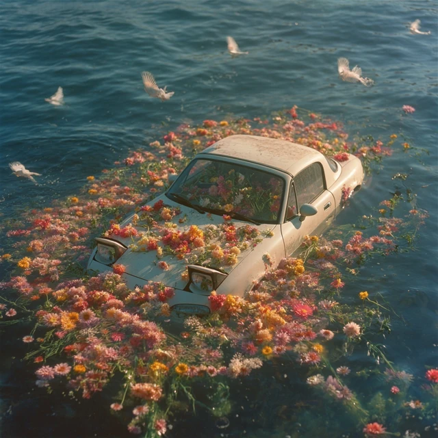 Flooded Mazda Miata Car with Flowers in Ocean