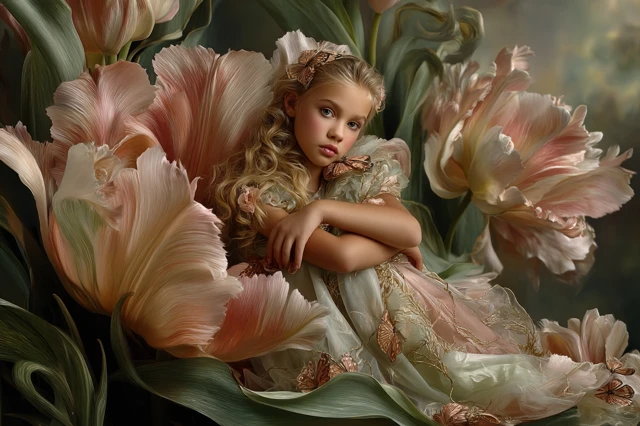 Girl in Tulip Fairytale Dream Delicate Soft Pastel