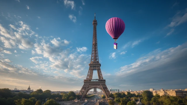 Eiffel Tower with Hot Air Balloon in Paris France