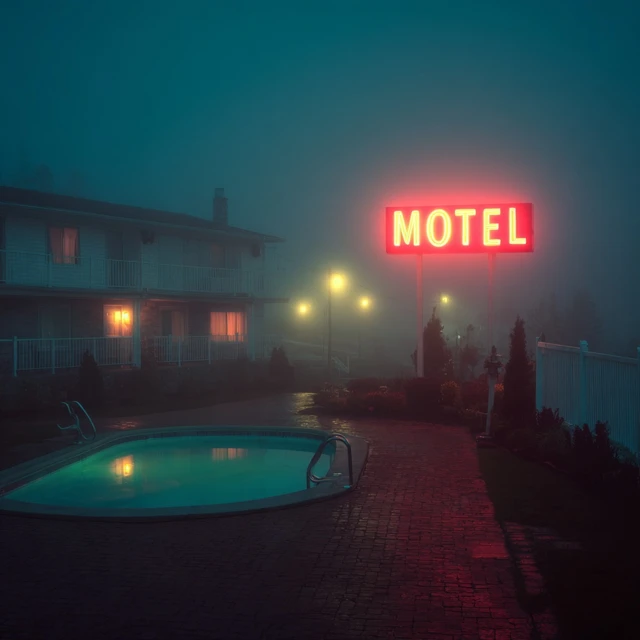 Eerie Motel Scene Pool and Foggy Night Photography