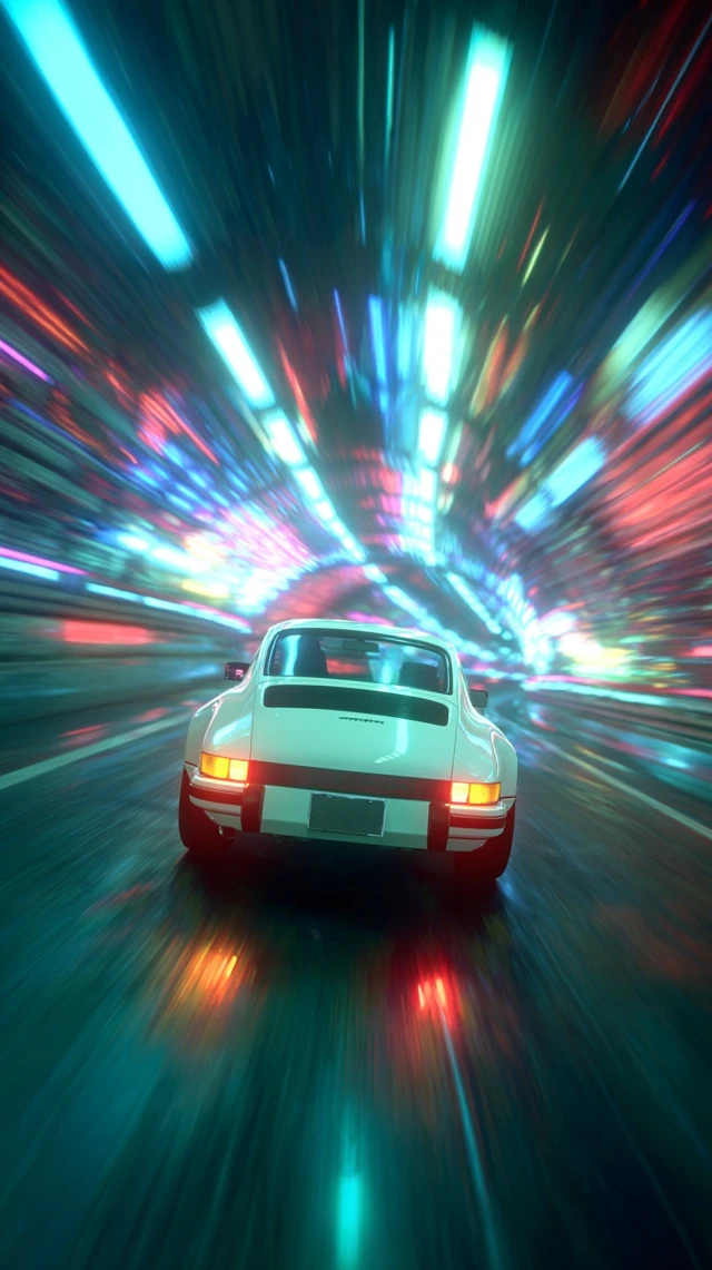 Retro Sports Car in Neon Tunnel Time Travel
