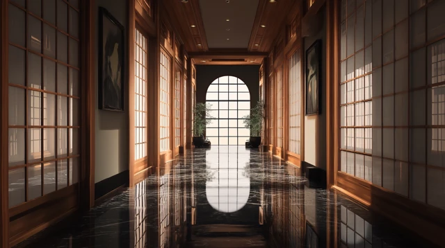 Luxury Japanese Hotel Hallway at Noon