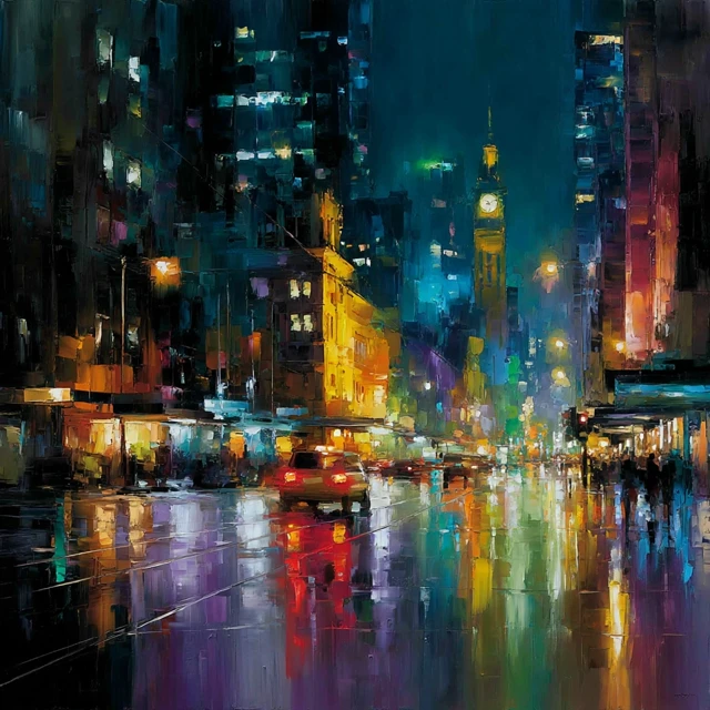 Melbourne Australia Night Rain Oil Painting