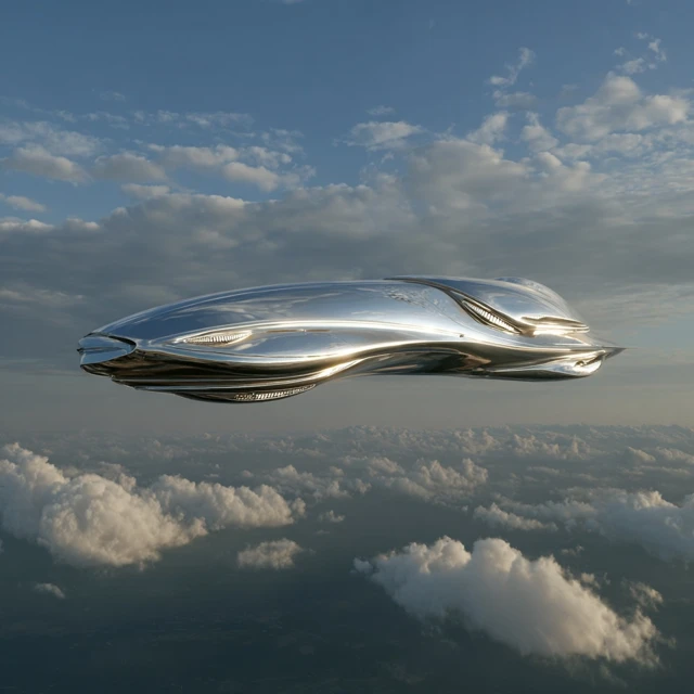 Sleek Silver SciFi Spaceship Above the Clouds
