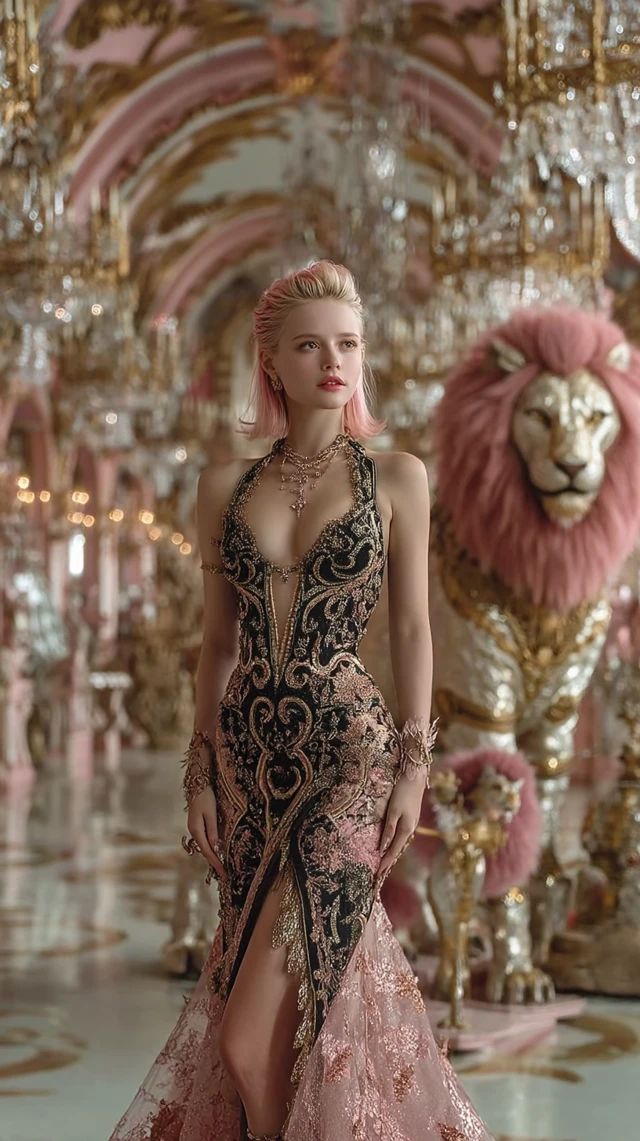 Fantasy Scene Woman and Lion in Pastel Palace