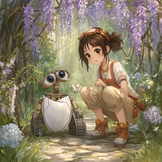 WallE and Chu in a Wisteria Anime Garden