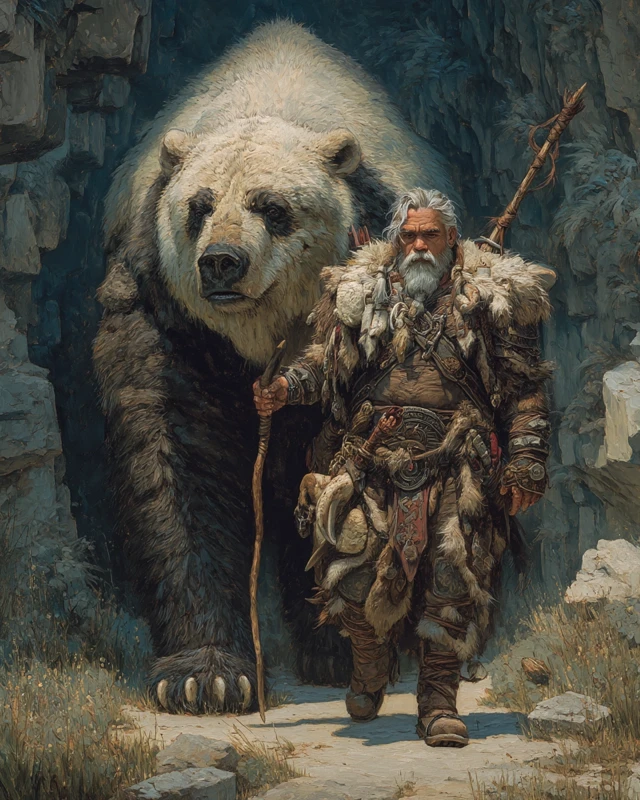 Barbarian and Cave Bear Epic Oil Painting