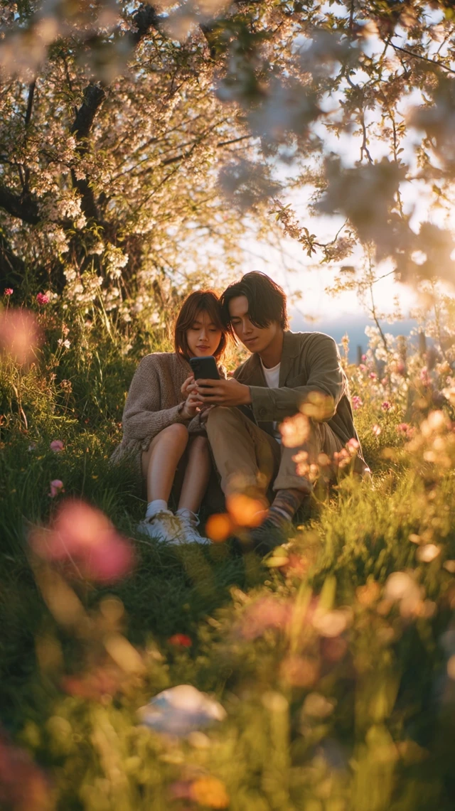 Asian Couple Camping in a Meadow During Golden Hour