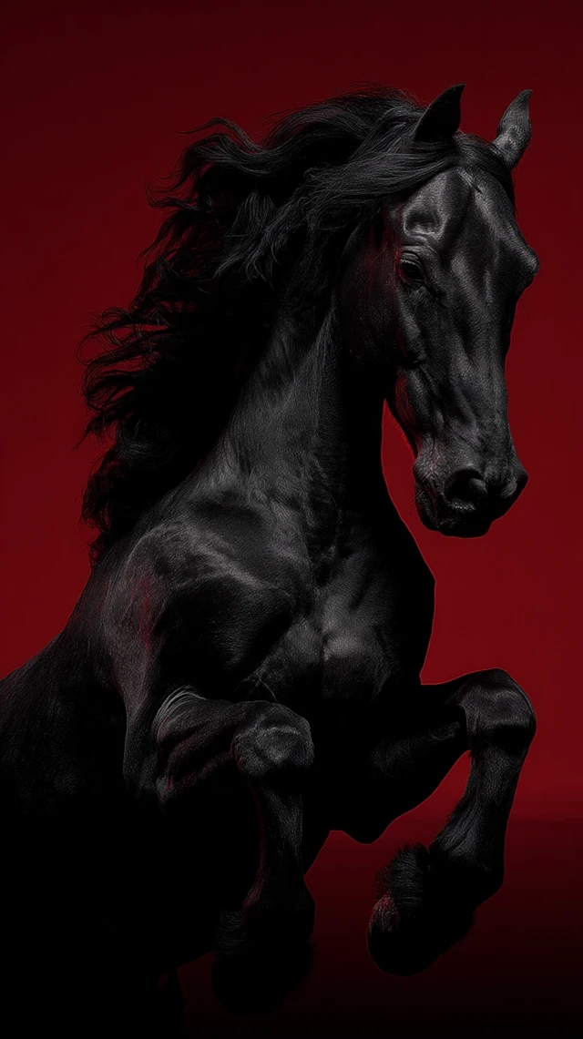 Black Horse Leaping Portrait on Red Background