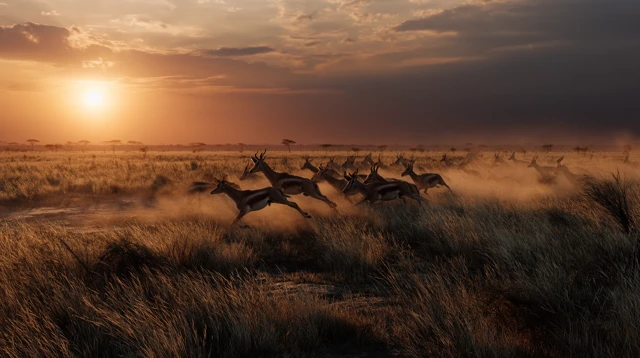 Savanna Sunrise: Antelopes Running Across the Plains